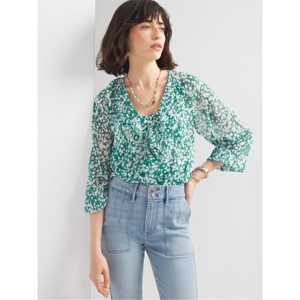 White House Black Market Ruffle Front Blouse SZ L V Neck Color Teal - Picture 2 of 14